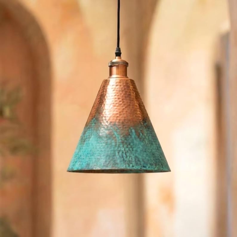 Handmade Moroccan Brass Pendant Light – Hammered Cone Ceiling Lamp with Turquoise Verdigris & Copper Finish, Artisan Kitchen Island Hanging Light