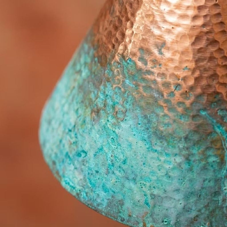 Handmade Moroccan Brass Pendant Light – Hammered Cone Ceiling Lamp with Turquoise Verdigris & Copper Finish, Artisan Kitchen Island Hanging Light