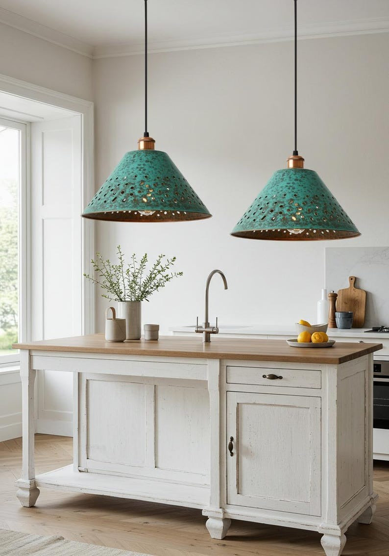 Handmade Moroccan Brass Pendant Light – Pierced Verdigris Cone Ceiling Lamp with Green Patina, Warm Copper Interior & Kitchen Island Design