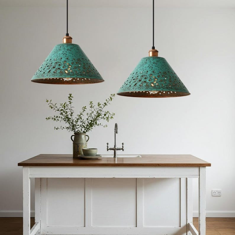 Handmade Moroccan Brass Pendant Light – Pierced Verdigris Cone Ceiling Lamp with Green Patina, Warm Copper Interior & Kitchen Island Design