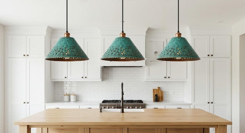 Handmade Moroccan Brass Pendant Light – Pierced Verdigris Cone Ceiling Lamp with Green Patina, Warm Copper Interior & Kitchen Island Design