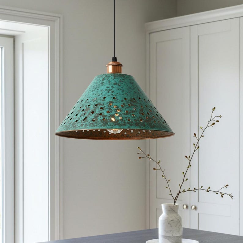 Handmade Moroccan Brass Pendant Light – Pierced Verdigris Cone Ceiling Lamp with Green Patina, Warm Copper Interior & Kitchen Island Design