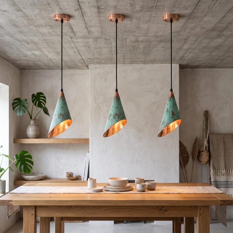 Set of 3 Handmade Moroccan Brass Cone Pendant Lights – Green Verdigris Hanging Lamps with Angled Shades, Warm Copper Interiors and Rose Gold Ceiling Canopies