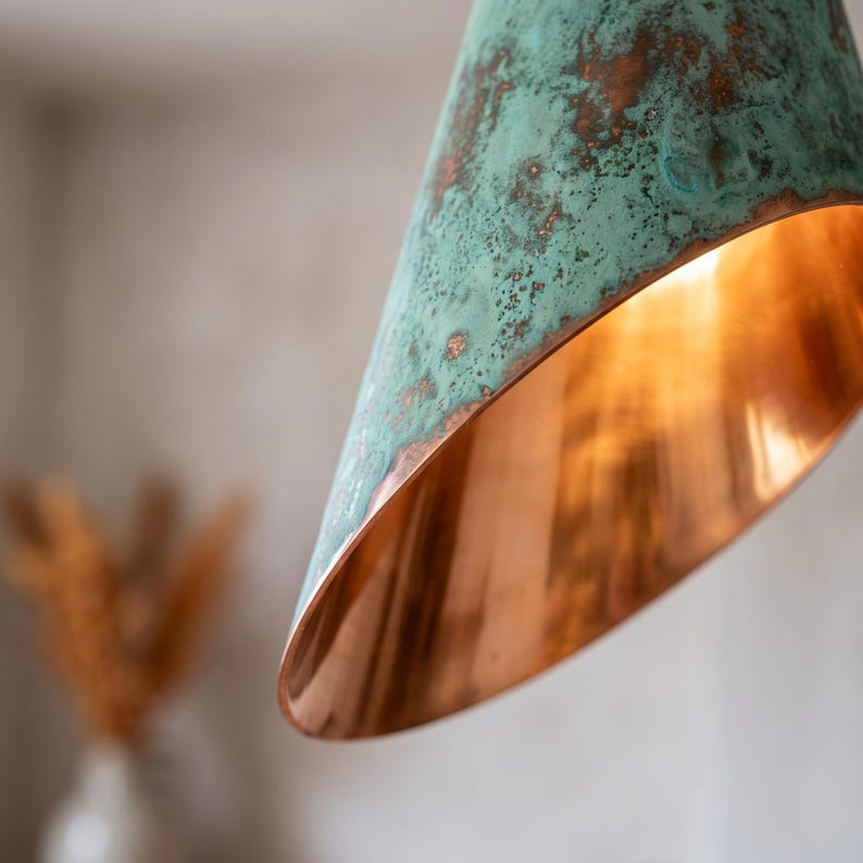 Handmade Moroccan Brass Cone Pendant Light – Green Verdigris Patina Hanging Lamp with Angled Cut Shade, Warm Copper Interior and Rose Gold Ceiling Canopy