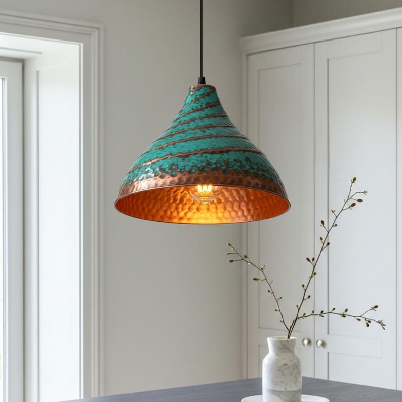 Verdigris Brass Cone Pendant Light – Hammered Copper Moroccan Kitchen Island Chandelier