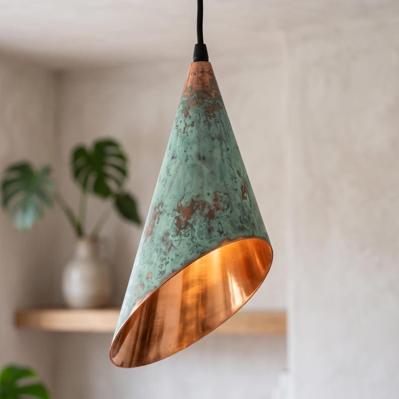 Handmade Moroccan Brass Cone Pendant Light – Green Verdigris Patina Hanging Lamp with Angled Cut Shade, Warm Copper Interior and Rose Gold Ceiling Canopy