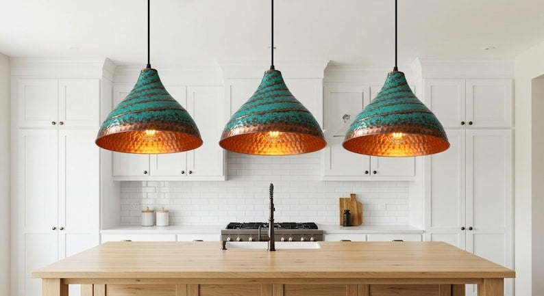 Verdigris Brass Cone Pendant Light – Hammered Copper Moroccan Kitchen Island Chandelier