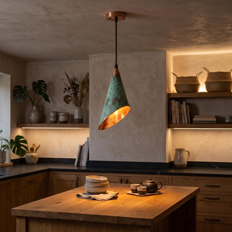 Handmade Moroccan Brass Cone Pendant Light – Green Verdigris Patina Hanging Lamp with Angled Cut Shade, Warm Copper Interior and Rose Gold Ceiling Canopy