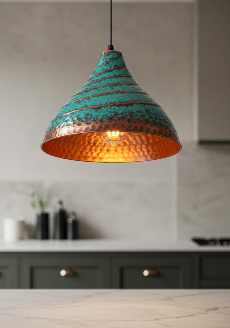 Verdigris Brass Cone Pendant Light – Hammered Copper Moroccan Kitchen Island Chandelier