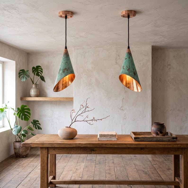 Handmade Moroccan Brass Cone Pendant Light – Green Verdigris Patina Hanging Lamp with Angled Cut Shade, Warm Copper Interior and Rose Gold Ceiling Canopy