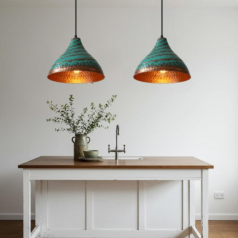Verdigris Brass Cone Pendant Light – Hammered Copper Moroccan Kitchen Island Chandelier