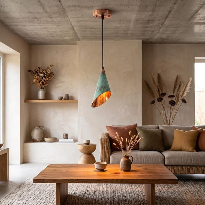 Set of 3 Handmade Moroccan Brass Cone Pendant Lights – Green Verdigris Hanging Lamps with Angled Shades, Warm Copper Interiors and Rose Gold Ceiling Canopies