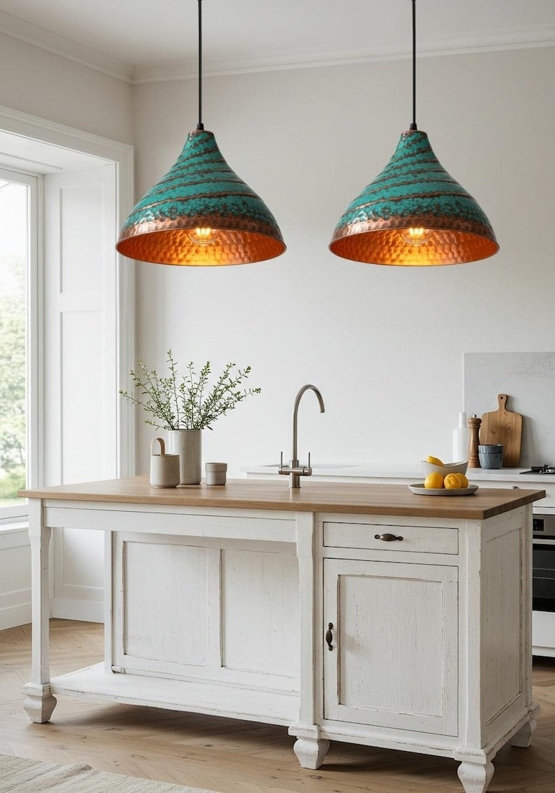 Verdigris Brass Cone Pendant Light – Hammered Copper Moroccan Kitchen Island Chandelier