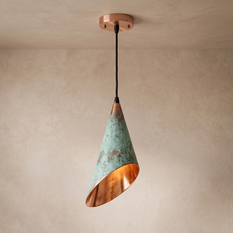 Set of 3 Handmade Moroccan Brass Cone Pendant Lights – Green Verdigris Hanging Lamps with Angled Shades, Warm Copper Interiors and Rose Gold Ceiling Canopies