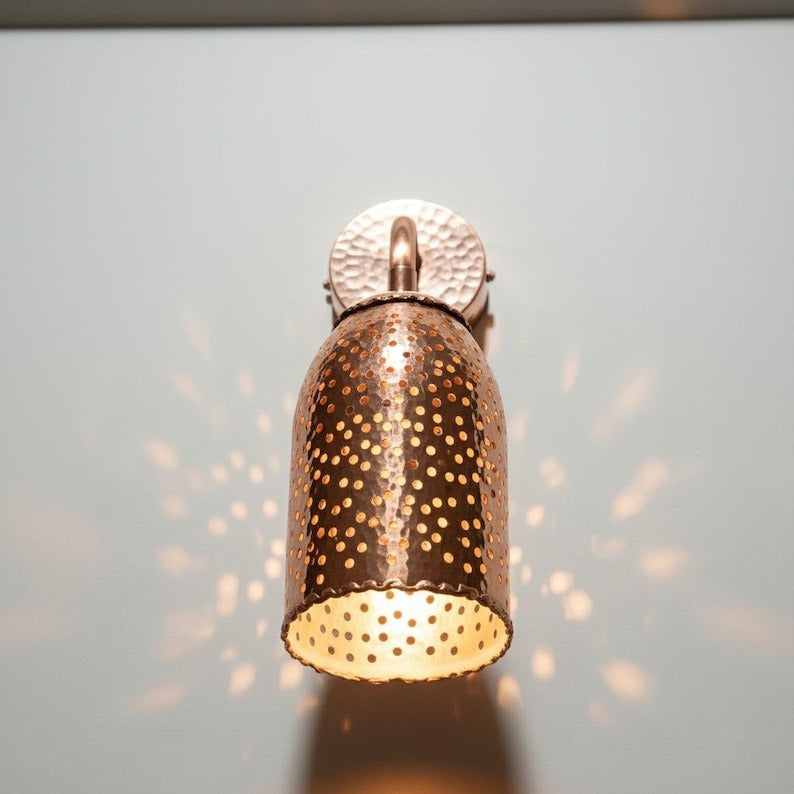 Handmade Moroccan Brass Wall Sconce – Perforated Copper Brass Cone Wall Light with Hammered Backplate, Boho Shadow Lamp for Bedroom, Hallway, Entryway & Living Room