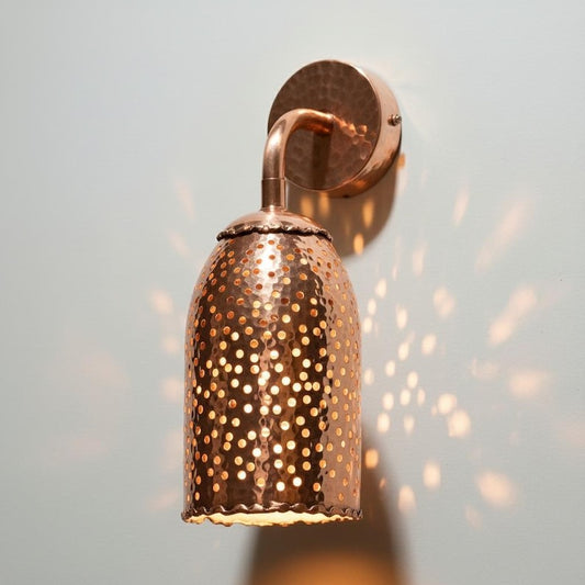 Handmade Moroccan Brass Wall Sconce – Perforated Copper Brass Cone Wall Light with Hammered Backplate, Boho Shadow Lamp for Bedroom, Hallway, Entryway & Living Room