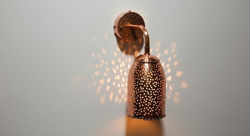 Handmade Moroccan Brass Wall Sconce – Perforated Copper Brass Cone Wall Light with Hammered Backplate, Boho Shadow Lamp for Bedroom, Hallway, Entryway & Living Room