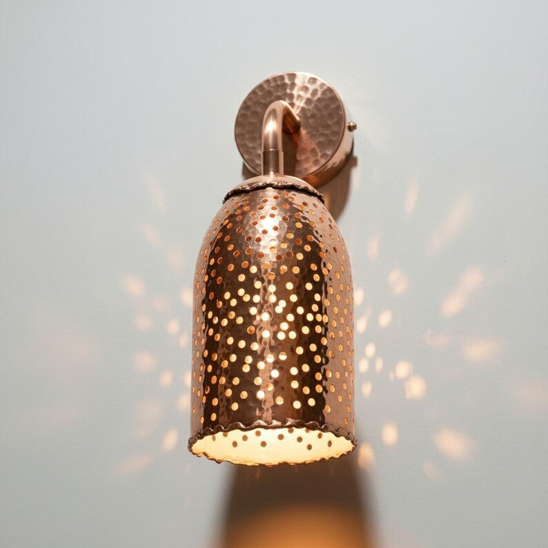 Handmade Moroccan Brass Wall Sconce – Perforated Copper Brass Cone Wall Light with Hammered Backplate, Boho Shadow Lamp for Bedroom, Hallway, Entryway & Living Room