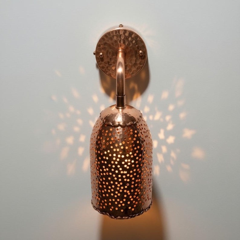 Handmade Moroccan Brass Wall Sconce – Perforated Copper Brass Cone Wall Light with Hammered Backplate, Boho Shadow Lamp for Bedroom, Hallway, Entryway & Living Room