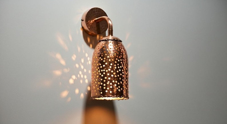 Handmade Moroccan Brass Wall Sconce – Perforated Copper Brass Cone Wall Light with Hammered Backplate, Boho Shadow Lamp for Bedroom, Hallway, Entryway & Living Room