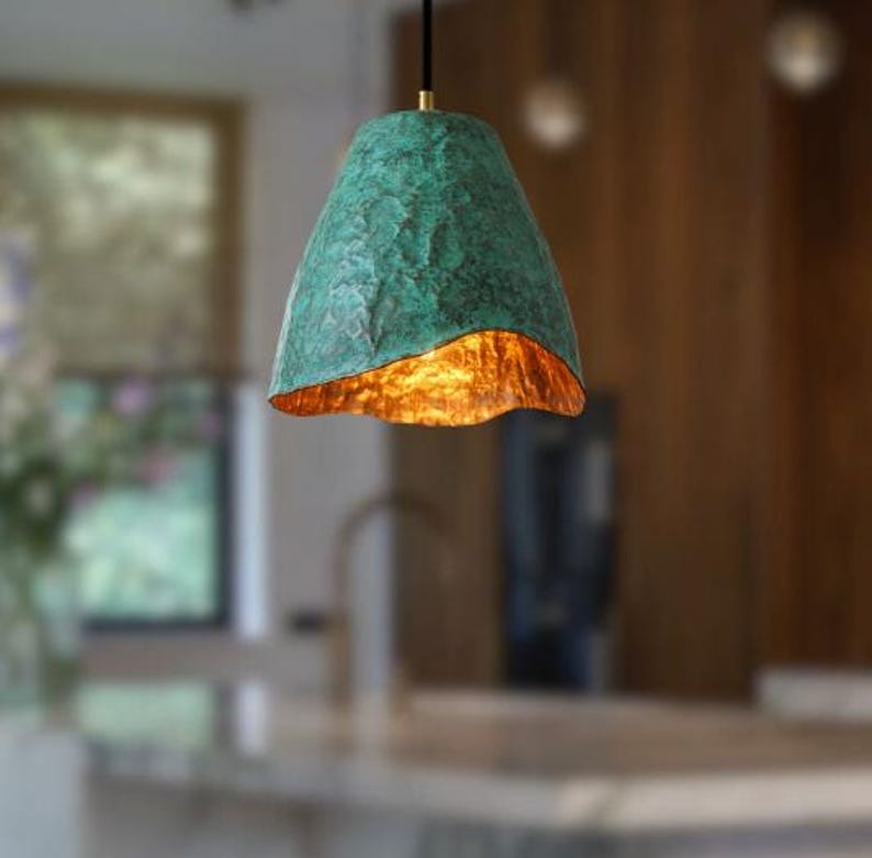 Handmade Green Patina Brass Pendant Light – Moroccan Wavy Edge Cone Hanging Lamp with Hammered Brass Interior for Kitchen Island, Dining Room & Boho Home Décor