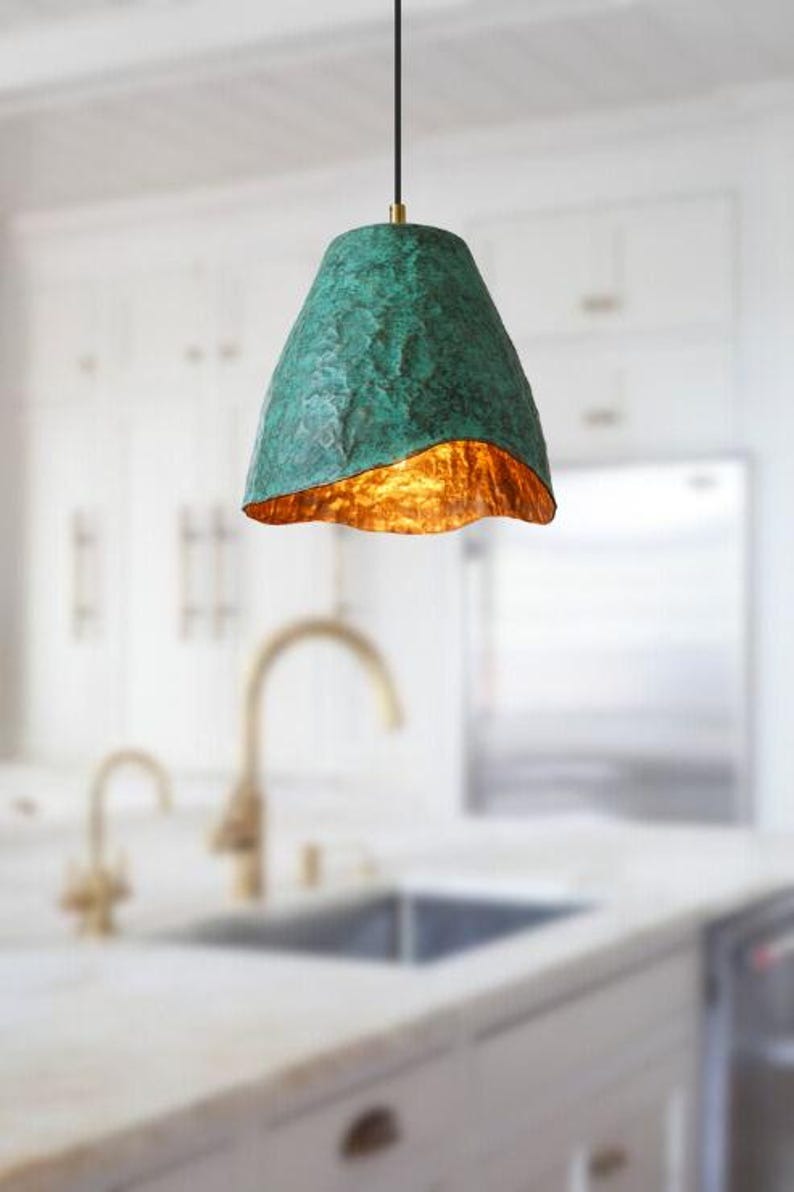 Handmade Green Patina Brass Pendant Light – Moroccan Wavy Edge Cone Hanging Lamp with Hammered Brass Interior for Kitchen Island, Dining Room & Boho Home Décor
