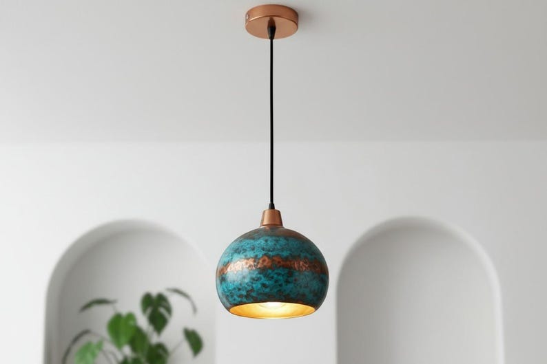 Handmade Moroccan Brass Dome Pendant Light – Turquoise Patina Brass Hanging Lamp with Copper Accent Band, Warm Gold Interior Boho Ceiling Light for Kitchen Island, Dining Room, Bedroom & Entryway