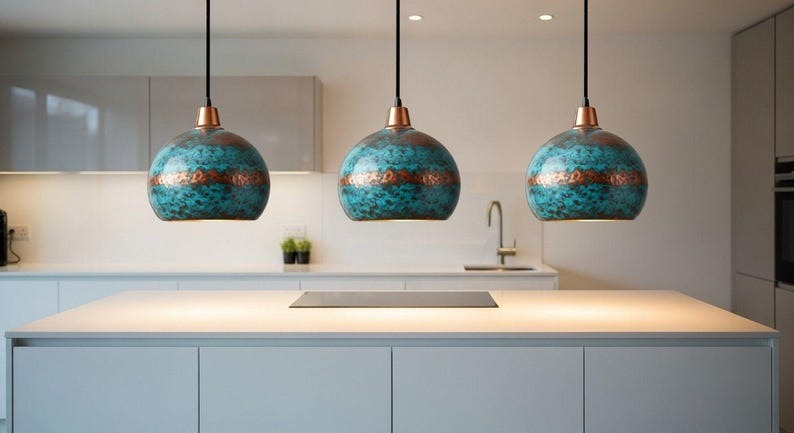 Handmade Moroccan Brass Dome Pendant Light – Turquoise Patina Brass Hanging Lamp with Copper Accent Band, Warm Gold Interior Boho Ceiling Light for Kitchen Island, Dining Room, Bedroom & Entryway