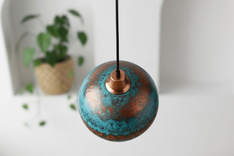 Handmade Moroccan Brass Dome Pendant Light – Turquoise Patina Brass Hanging Lamp with Copper Accent Band, Warm Gold Interior Boho Ceiling Light for Kitchen Island, Dining Room, Bedroom & Entryway