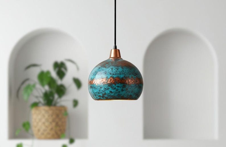 Handmade Moroccan Brass Dome Pendant Light – Turquoise Patina Brass Hanging Lamp with Copper Accent Band, Warm Gold Interior Boho Ceiling Light for Kitchen Island, Dining Room, Bedroom & Entryway