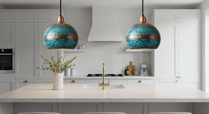 Handmade Moroccan Brass Dome Pendant Light – Turquoise Patina Brass Hanging Lamp with Copper Accent Band, Warm Gold Interior Boho Ceiling Light for Kitchen Island, Dining Room, Bedroom & Entryway