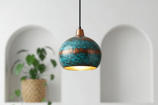 Handmade Moroccan Brass Dome Pendant Light – Turquoise Patina Brass Hanging Lamp with Copper Accent Band, Warm Gold Interior Boho Ceiling Light for Kitchen Island, Dining Room, Bedroom & Entryway