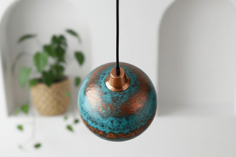 Handmade Moroccan Brass Dome Pendant Light – Turquoise Patina Brass Hanging Lamp with Copper Accent Band, Warm Gold Interior Boho Ceiling Light for Kitchen Island, Dining Room, Bedroom & Entryway