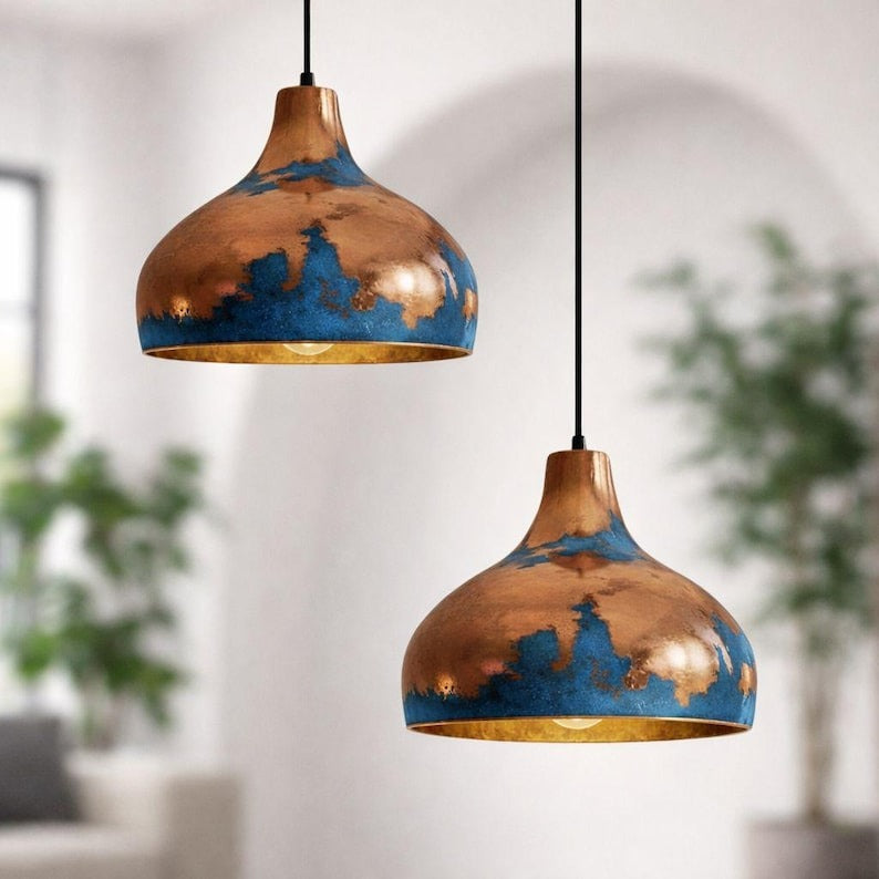 Blue & Copper Brass Dome Pendant Light – Hand-Finished Moroccan Kitchen Island Chandelier