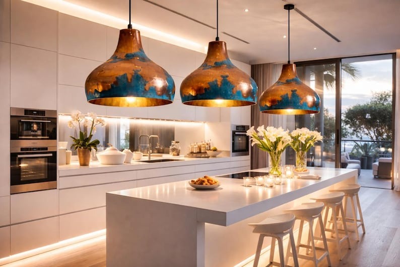 Blue & Copper Brass Dome Pendant Light – Hand-Finished Moroccan Kitchen Island Chandelier