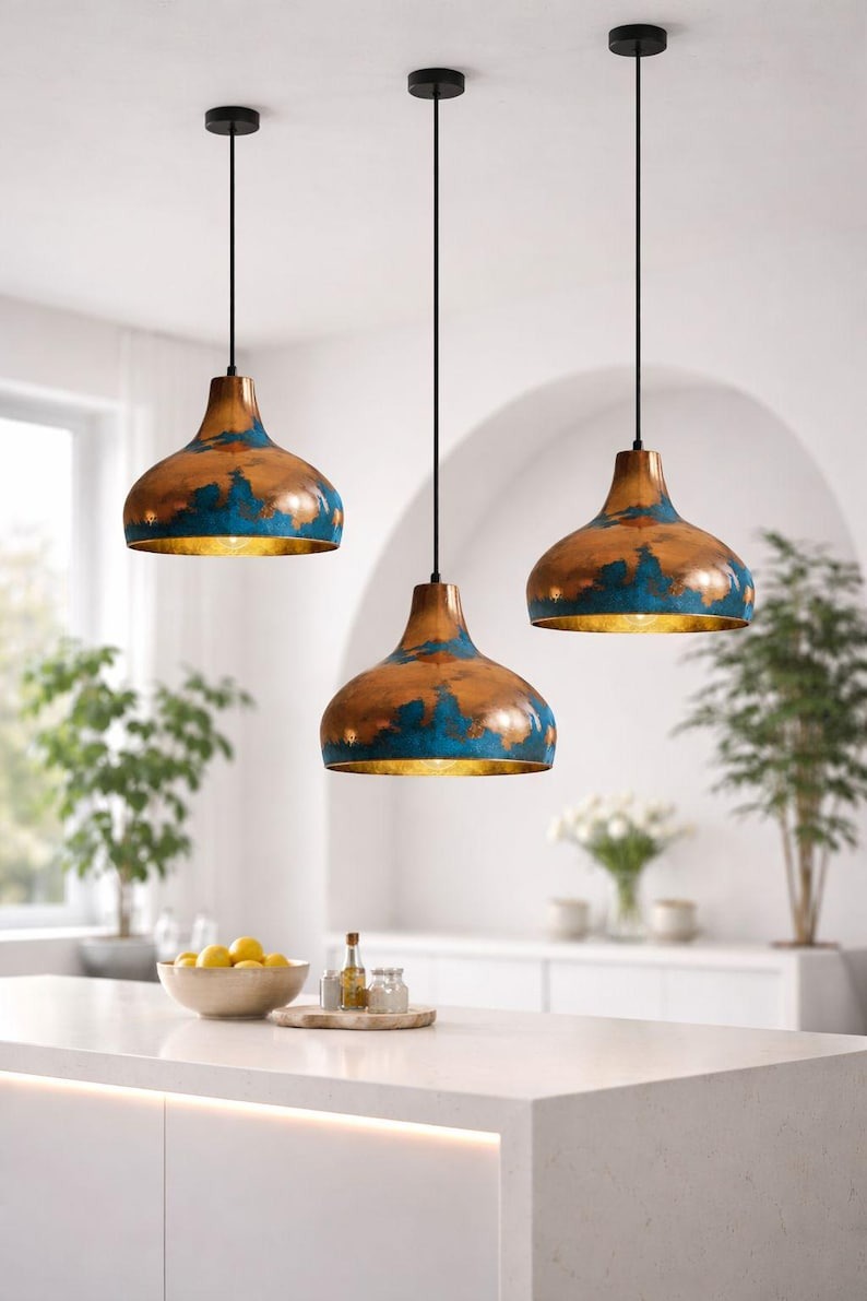 Blue & Copper Brass Dome Pendant Light – Hand-Finished Moroccan Kitchen Island Chandelier