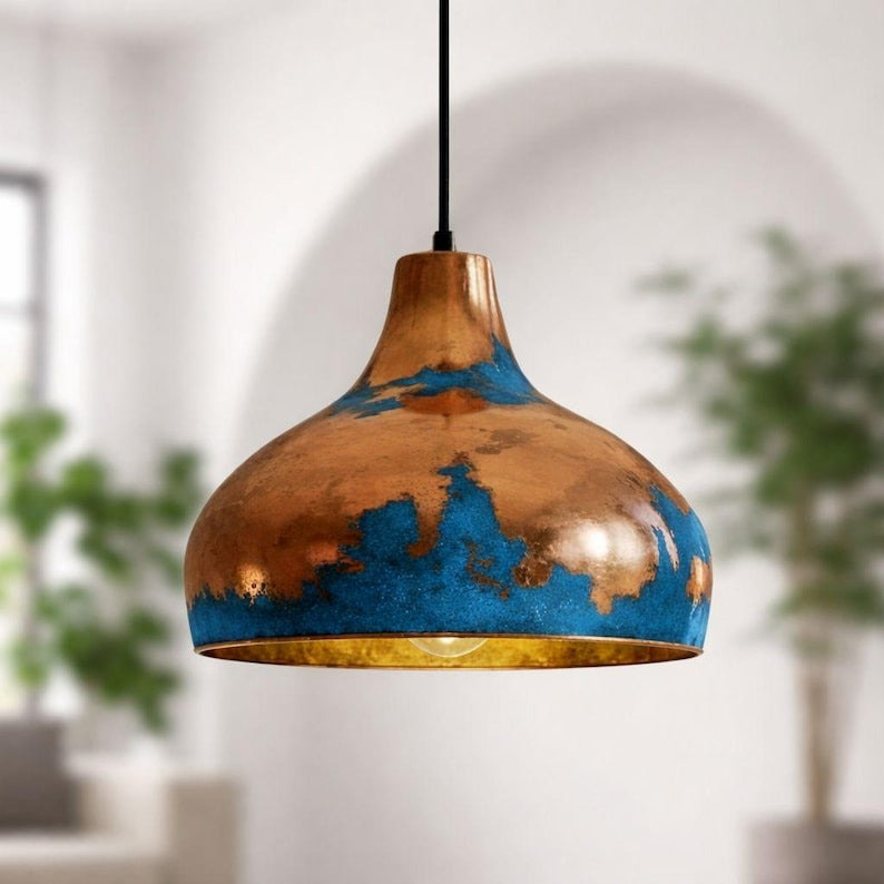 Blue & Copper Brass Dome Pendant Light – Hand-Finished Moroccan Kitchen Island Chandelier