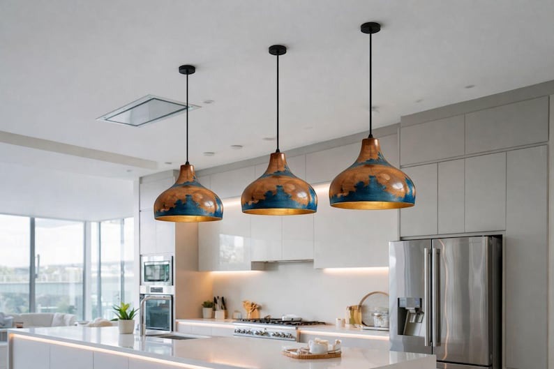 Blue & Copper Brass Dome Pendant Light – Hand-Finished Moroccan Kitchen Island Chandelier