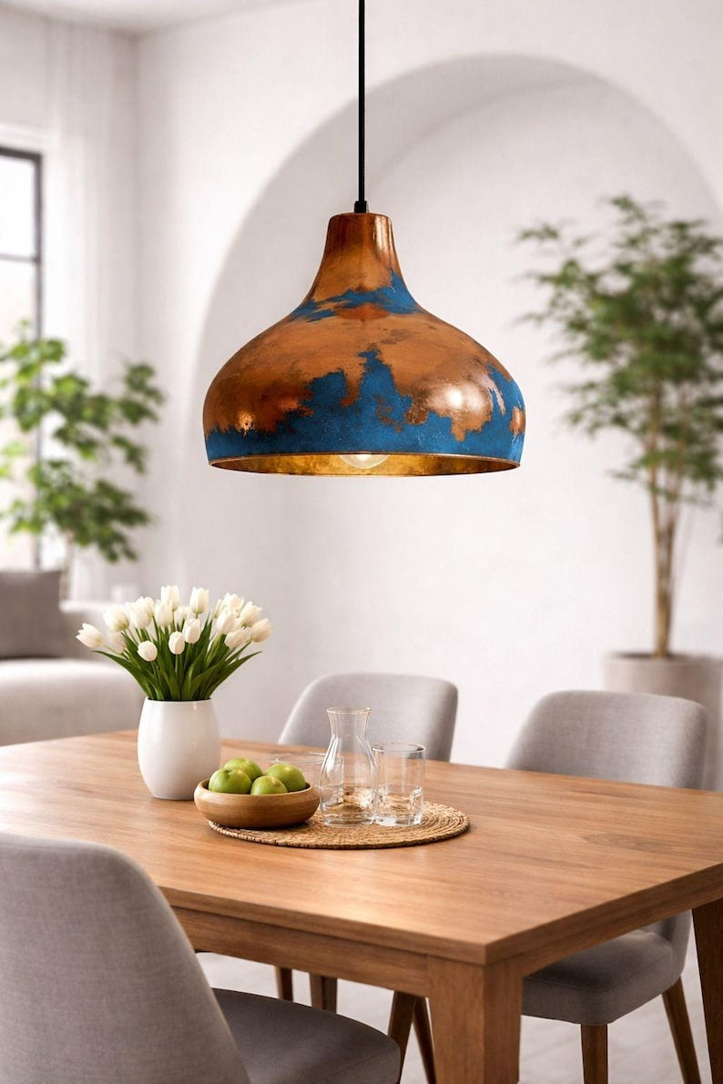 Blue & Copper Brass Dome Pendant Light – Hand-Finished Moroccan Kitchen Island Chandelier
