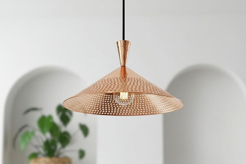 Handmade Moroccan Brass Cone Pendant Light – Perforated Copper Brass Hanging Lamp with Hammered Texture, Modern Boho Ceiling Light for Kitchen Island, Dining Room, Bedroom & Entryway