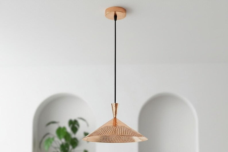 Handmade Moroccan Brass Cone Pendant Light – Perforated Copper Brass Hanging Lamp with Hammered Texture, Modern Boho Ceiling Light for Kitchen Island, Dining Room, Bedroom & Entryway
