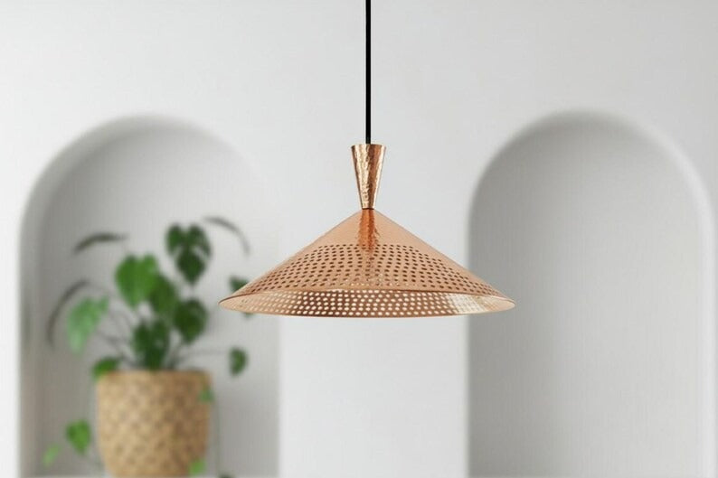 Handmade Moroccan Brass Cone Pendant Light – Perforated Copper Brass Hanging Lamp with Hammered Texture, Modern Boho Ceiling Light for Kitchen Island, Dining Room, Bedroom & Entryway