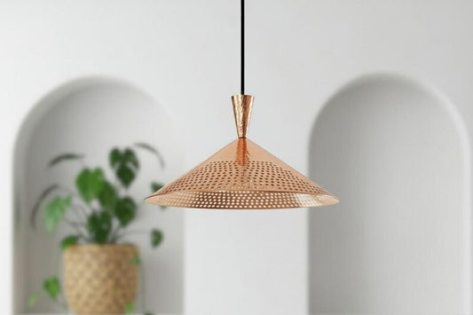 Handmade Moroccan Brass Cone Pendant Light – Perforated Copper Brass Hanging Lamp with Hammered Texture, Modern Boho Ceiling Light for Kitchen Island, Dining Room, Bedroom & Entryway
