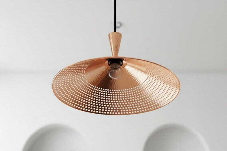 Handmade Moroccan Brass Cone Pendant Light – Perforated Copper Brass Hanging Lamp with Hammered Texture, Modern Boho Ceiling Light for Kitchen Island, Dining Room, Bedroom & Entryway