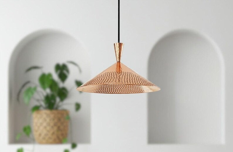 Handmade Moroccan Brass Cone Pendant Light – Perforated Copper Brass Hanging Lamp with Hammered Texture, Modern Boho Ceiling Light for Kitchen Island, Dining Room, Bedroom & Entryway