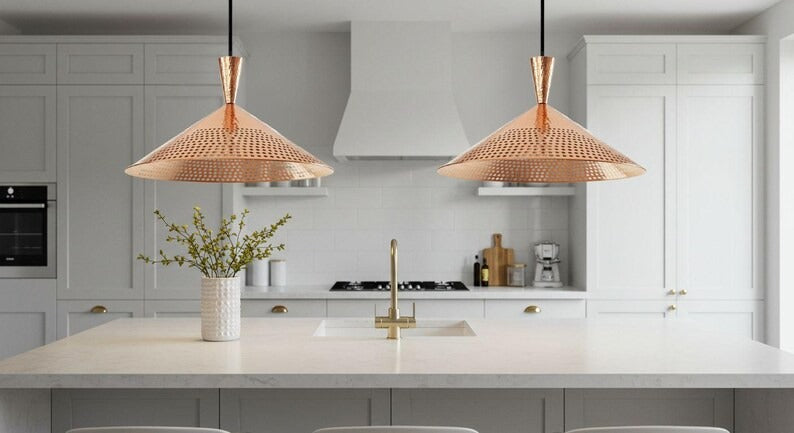 Handmade Moroccan Brass Cone Pendant Light – Perforated Copper Brass Hanging Lamp with Hammered Texture, Modern Boho Ceiling Light for Kitchen Island, Dining Room, Bedroom & Entryway
