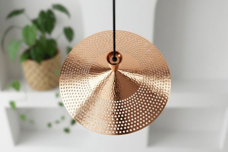 Handmade Moroccan Brass Cone Pendant Light – Perforated Copper Brass Hanging Lamp with Hammered Texture, Modern Boho Ceiling Light for Kitchen Island, Dining Room, Bedroom & Entryway