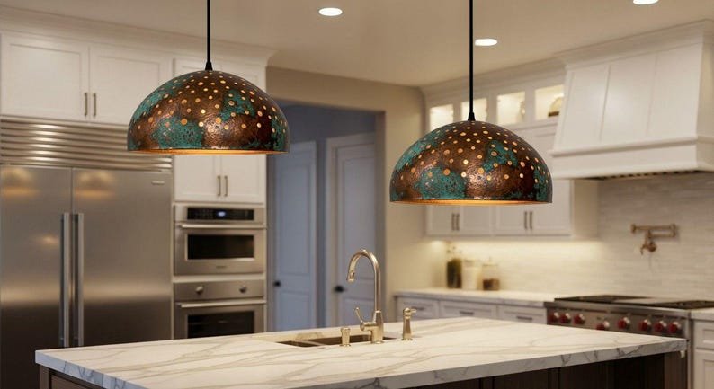 Pierced Copper Dome Pendant Light, Handmade Moroccan Green Patina Copper Chandelier, Rustic Perforated Kitchen Island Hanging Lamp, Boho Farmhouse Ceiling Light Fixture