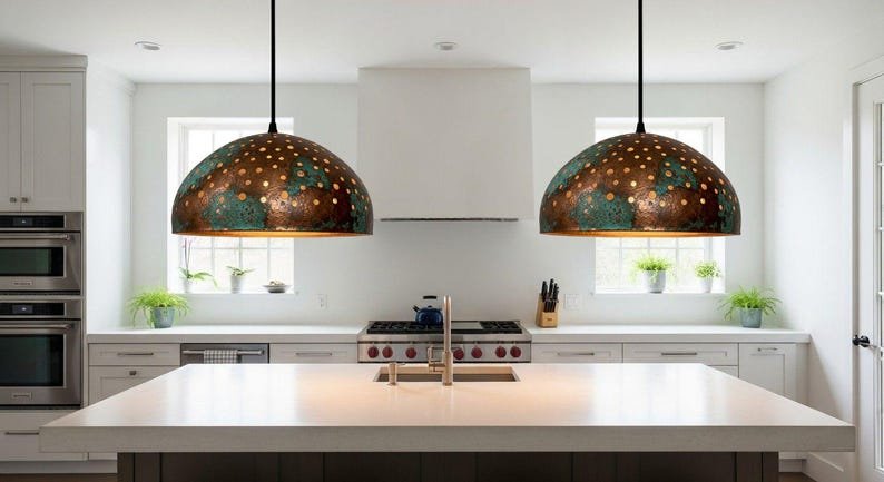 Pierced Copper Dome Pendant Light, Handmade Moroccan Green Patina Copper Chandelier, Rustic Perforated Kitchen Island Hanging Lamp, Boho Farmhouse Ceiling Light Fixture