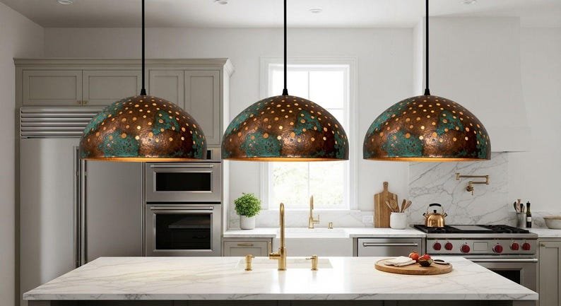 Pierced Copper Dome Pendant Light, Handmade Moroccan Green Patina Copper Chandelier, Rustic Perforated Kitchen Island Hanging Lamp, Boho Farmhouse Ceiling Light Fixture
